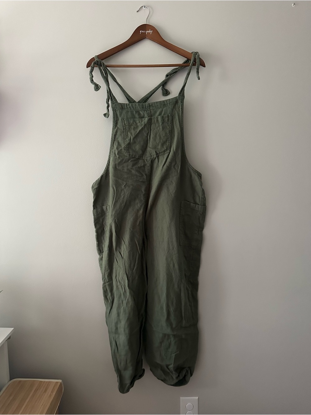 aerie Olive Green Tie-Shoulder Overalls Jumpsuit